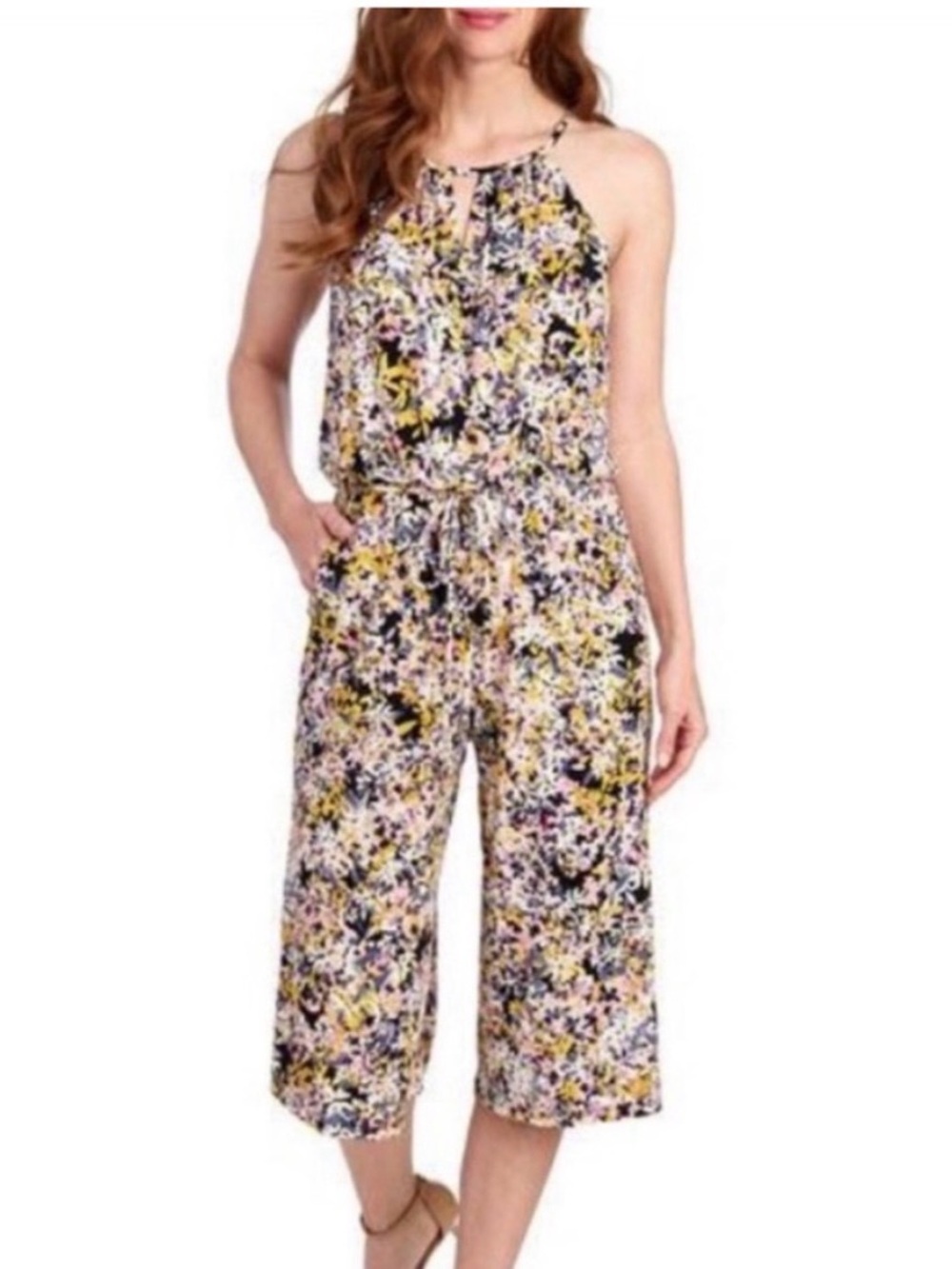 London Times Floral Halter Capri Jumpsuit in Black floral print size 4 NWOT